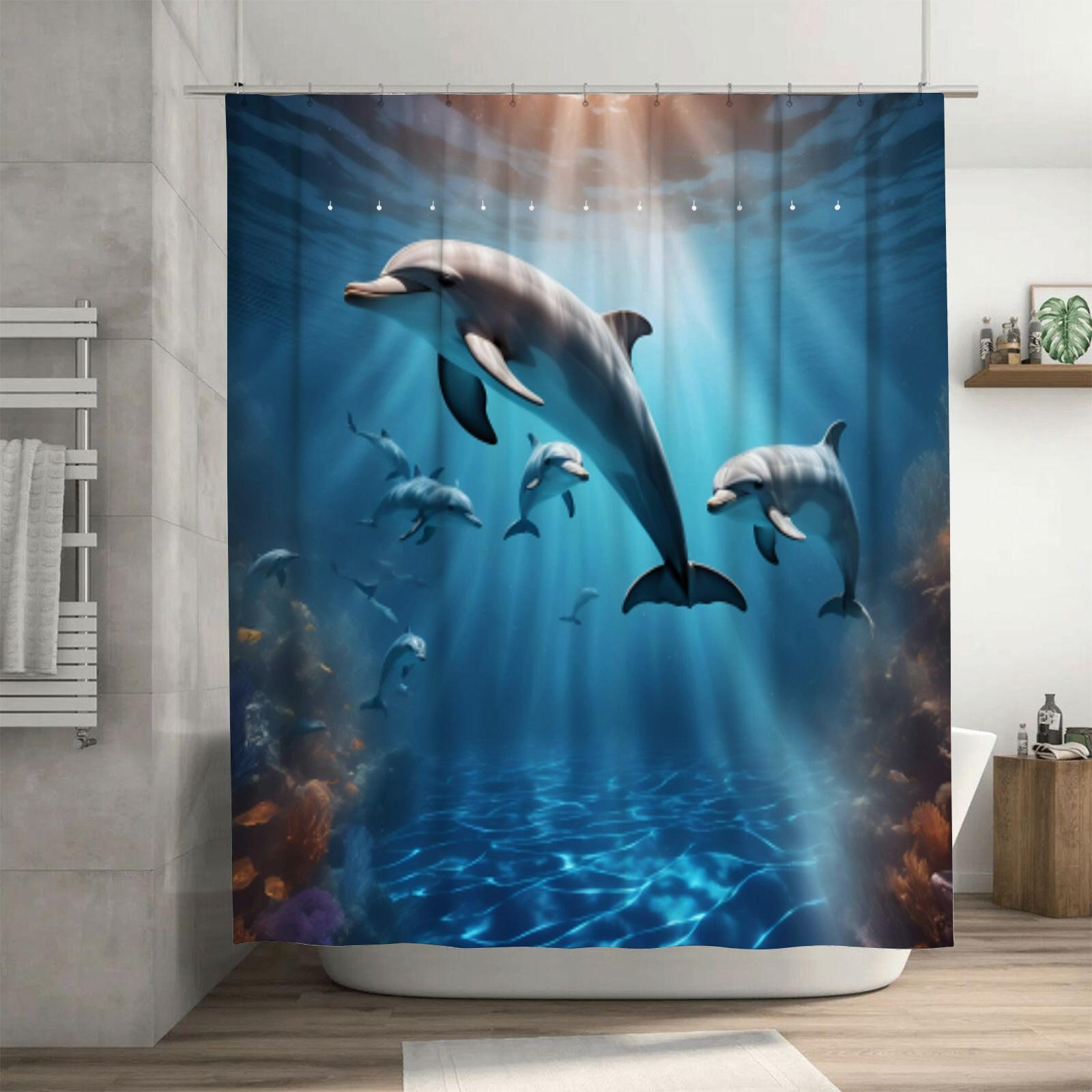 

Яркая шторка для душа с изображением стаи дельфинов в океане - Потрясающий дизайн морской жизни для веселого, водонепроницаемого декора ванной комнаты 140X200cm(55x78in)