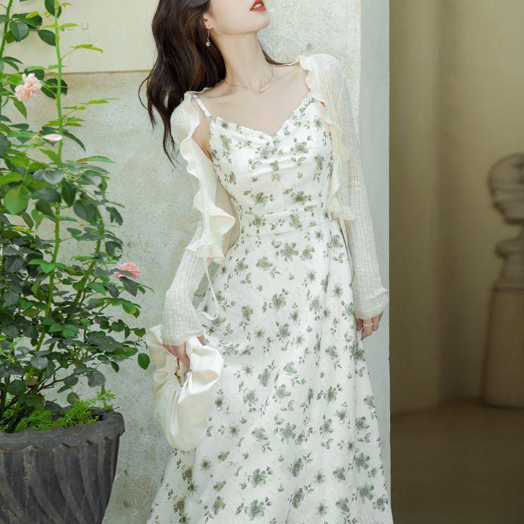 Elegant French Floral V-Neck Spaghetti Strap Dress Set – Fairy Forest Style