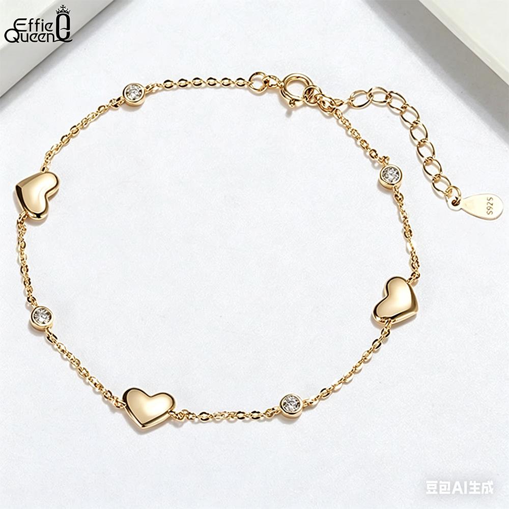 EFFIE QUEEN 925 Pure Silver Heart Shape Zircon Adjustable Wristband Chain Link Heart Bracelet Jewelry Valentine's Day Gift SB02