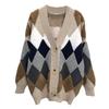 Large Size Cardigan with Women's Loose Casual Fashion Commuter V-neck Contrasting Color Diamond Sweater Jacket Women