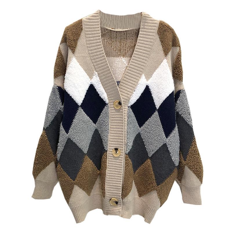 Large Size Cardigan with Women's Loose Casual Fashion Commuter V-neck Contrasting Color Diamond Sweater Jacket Women