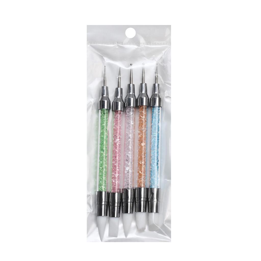 5pcs Double-Ended Nail Art Brush Set: Silicone, Multi-Color Rhinestone Pens for Picking, Embossing, and Glue Application