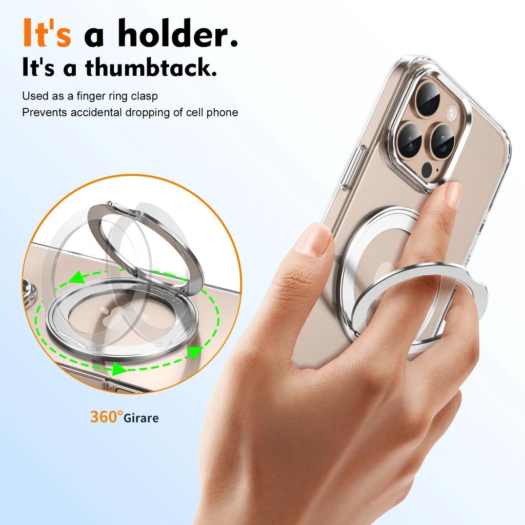 360° Metal Ring Stand Clear Magnetic Case for IPhone 16 15 14 13 12 15 Pro Max Plus Magnetic Wireless Charging Transparent Cover