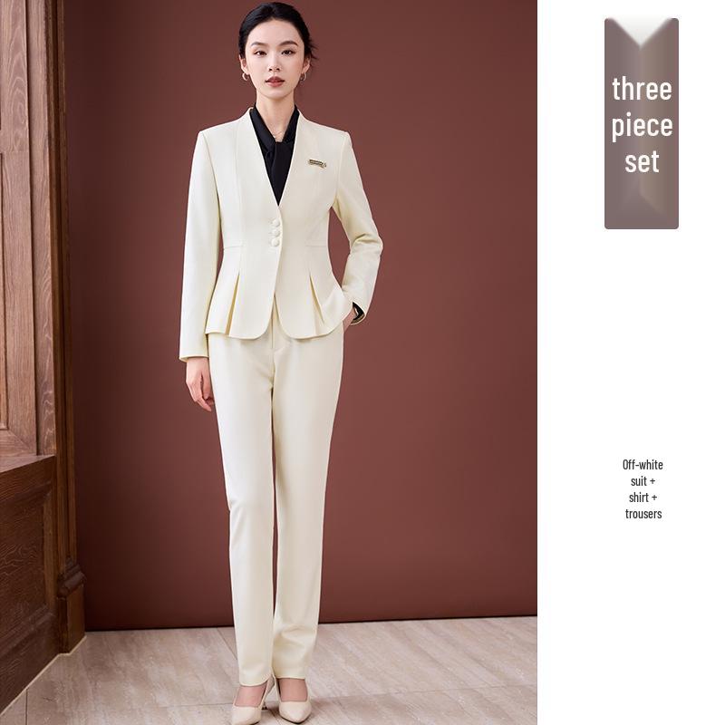 Elegant Collarless Women's Suit Set for Hotel Manager & Receptionist Spring/Autumn Workwear