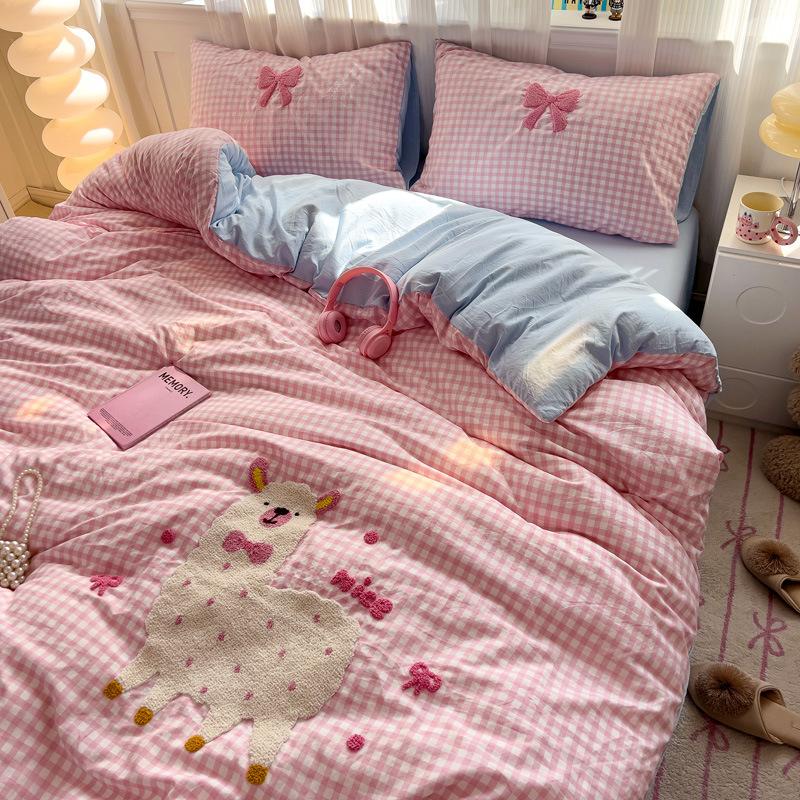 Applique Embroidery Ins Towel Embroidery Washed Cotton Four-piece Quilt Cover Bed Sheet Dormitory Three-piece Bedding Set Bed Sheet Quilt Cover