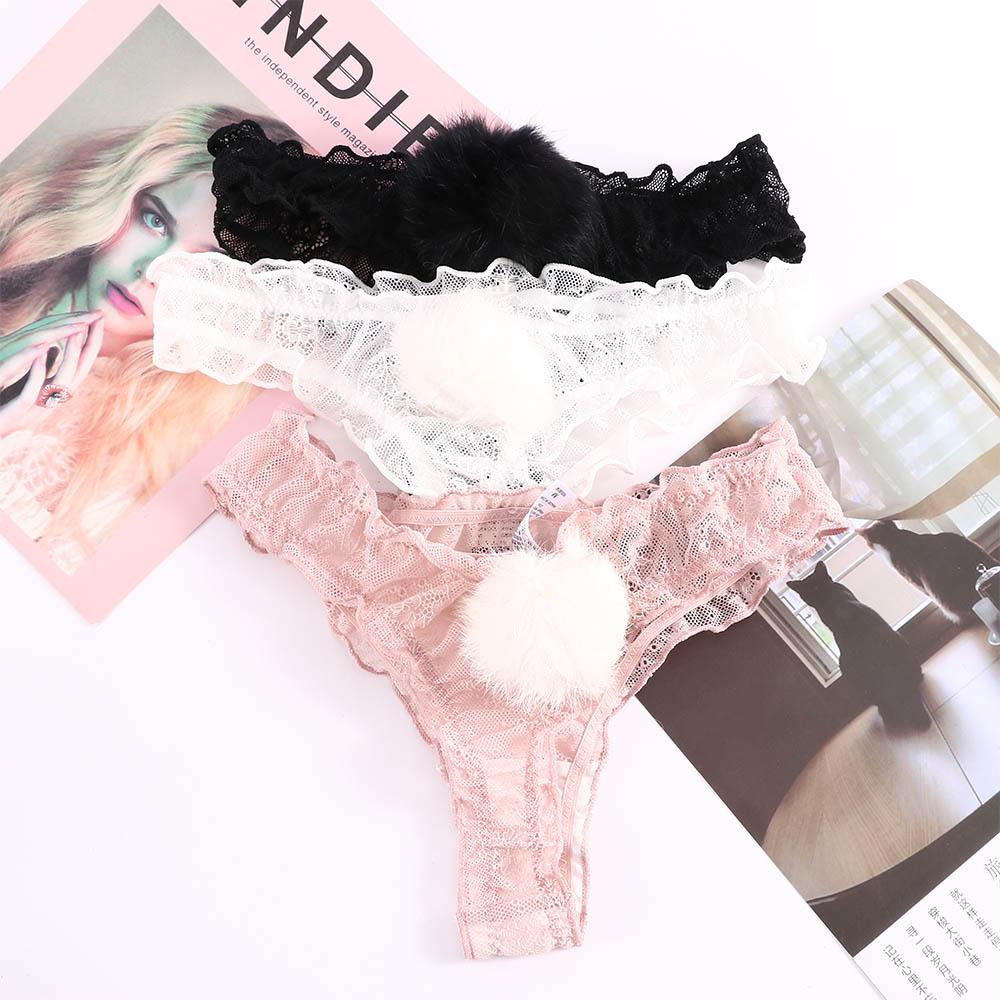 Sexy Plush Ball Breathable Low Waist Panties Thong G-string Lace L