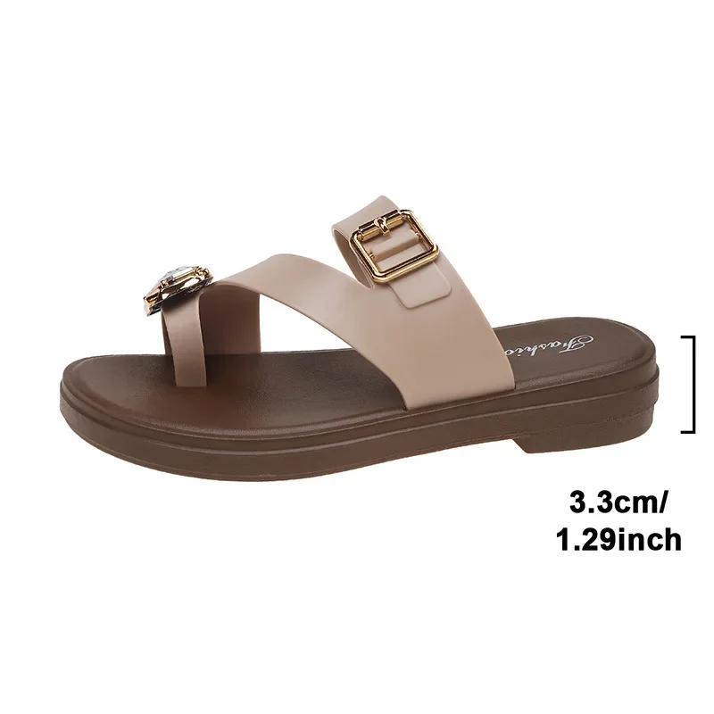 Fashion Large Shiny Crystal Flat Sandals Women Plus Size Metal Buckle Decor Clip Toe Slippers Summer Thick Sole Platform Casual Slippers