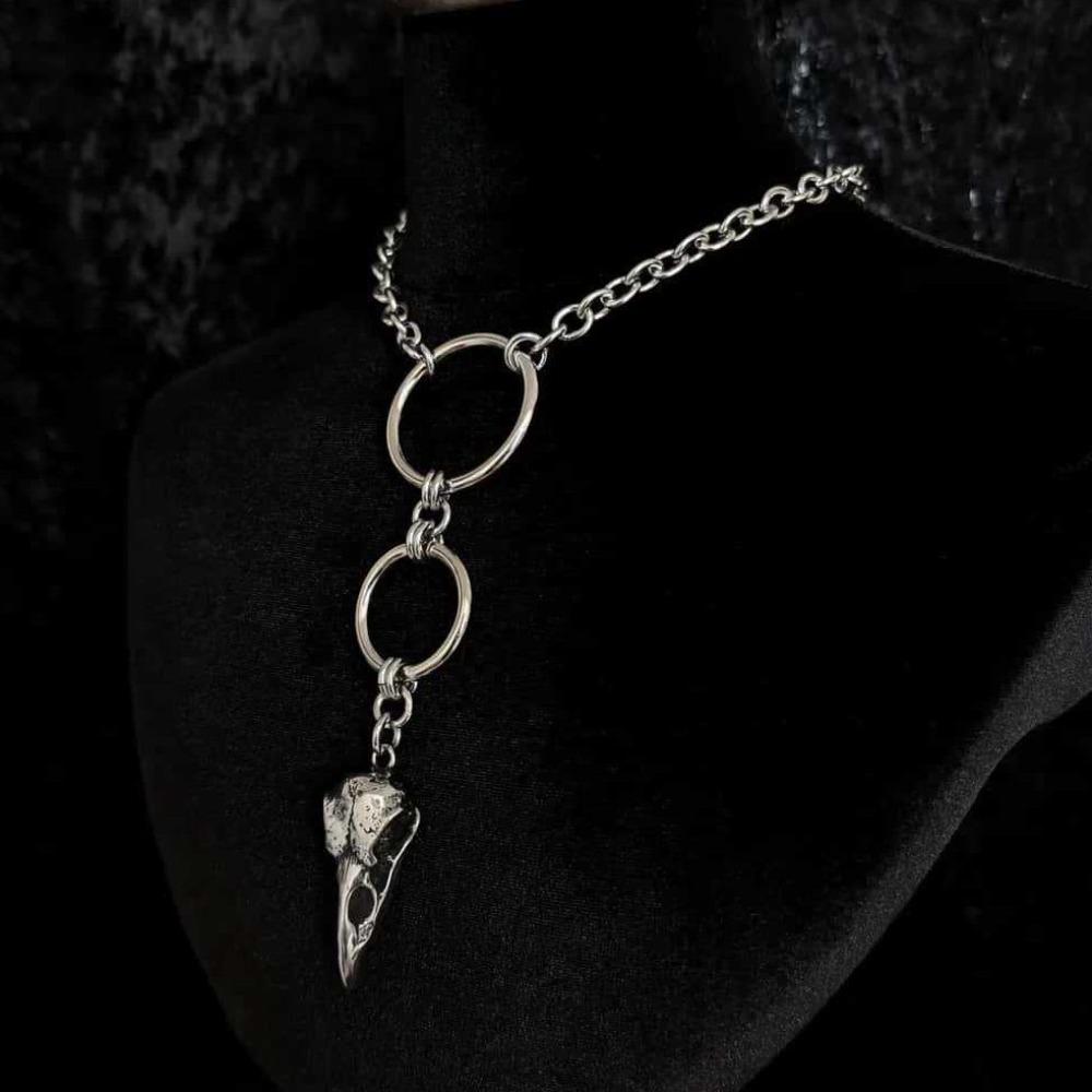 New Gothic Personality Stainless Steel Skull Pointed-beaked Bird Thick Chain Round Ring Necklace for Men Women Halloween Jewelry