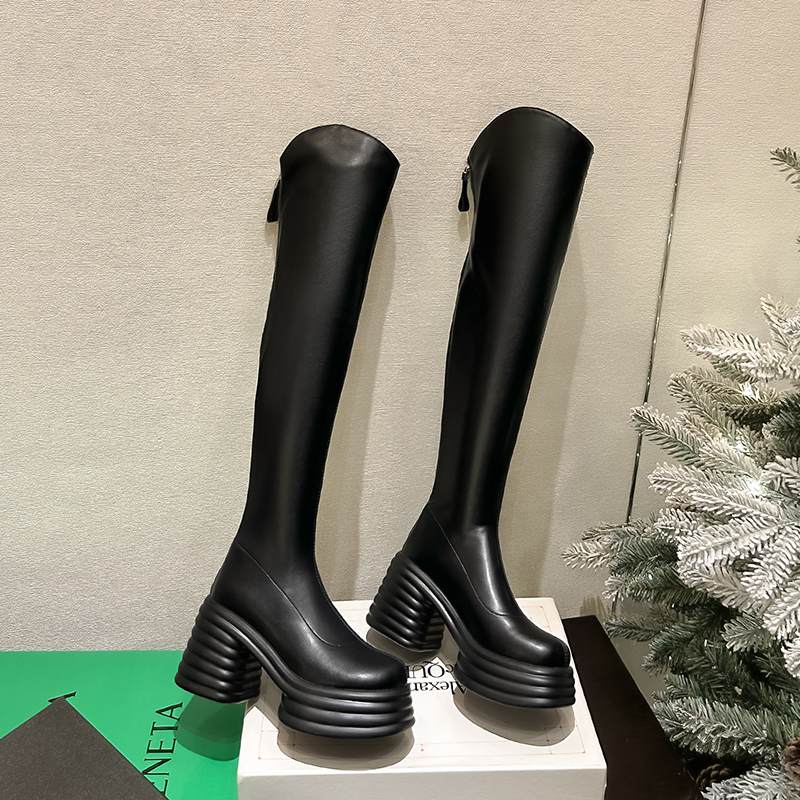 Krazing Pot Chaussures en cuir microfibre pour femme, bottes imperméables à bout rond, talons hauts épais, fermeture éclair sur le devant, automne et hiver