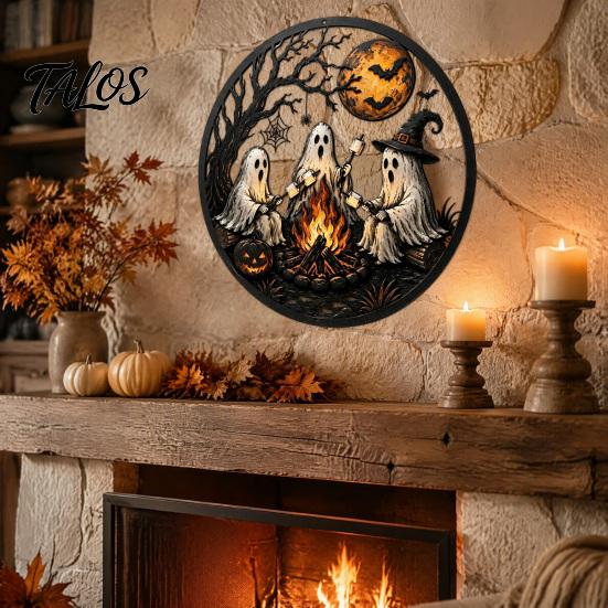 Garden Hanging Decorations Ghost Campfire Halloween Metal Wall Sign, Ghosts Roasting Marshmallows Round Cute Plaque, Spooky Art Decor for Porch