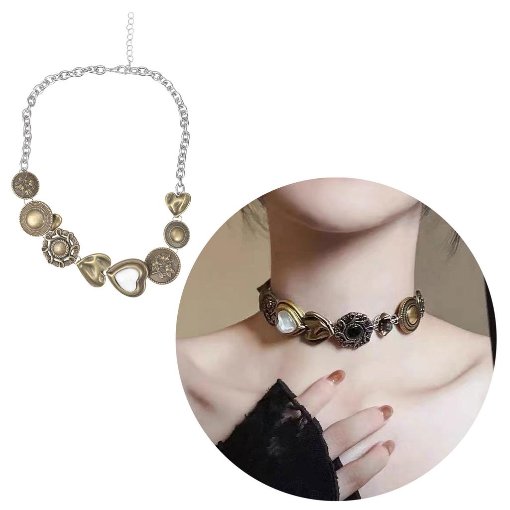 Vintage Brass Clavicle Chain Necklace for Women and Girls Punk Retro Style Brown Stone Pendant Neckchain Accessory