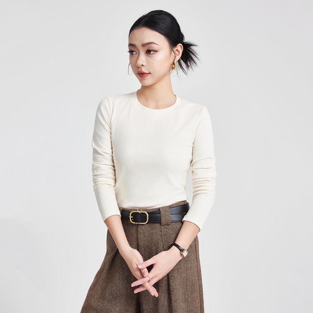 She Exhibition Women's Cotton Round Neck Long Sleeve T-shirt, 2025 Autumn/Winter Style Base Layer Top.