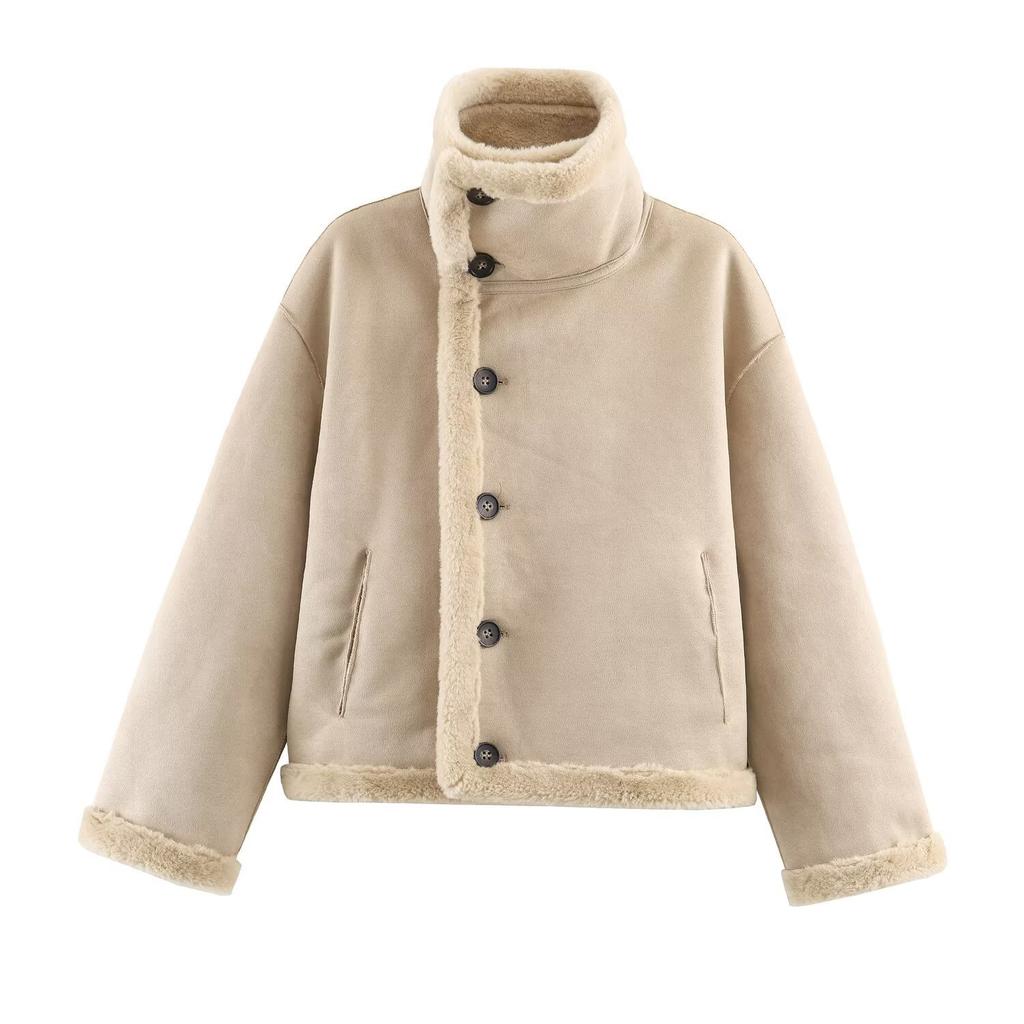 Women Reversible Stand Collar Long Sleeve Short Jacket Winter Casual Loose Versatile