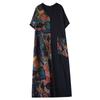 Summer Cotton Linen Artistic Loose Print Slimming V-neck Short Sleeved Mid Length Dress for Women