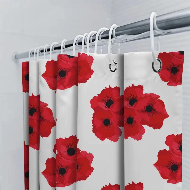 Red Poppy Shower Curtain Waterproof Fabric Decor for Bathroom Walls 3D Printed Design Available in Multiple Sizes