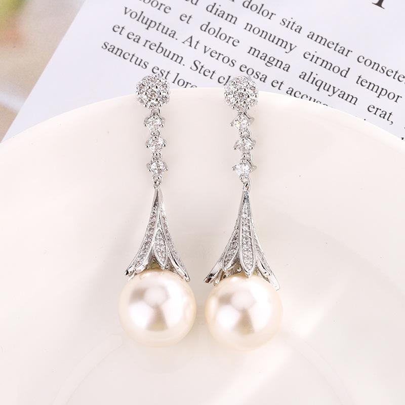 Jewelry Copper Bottom Gold-Plated Inlaid Pearl Temperament Fringed Set Women 16-14Mm