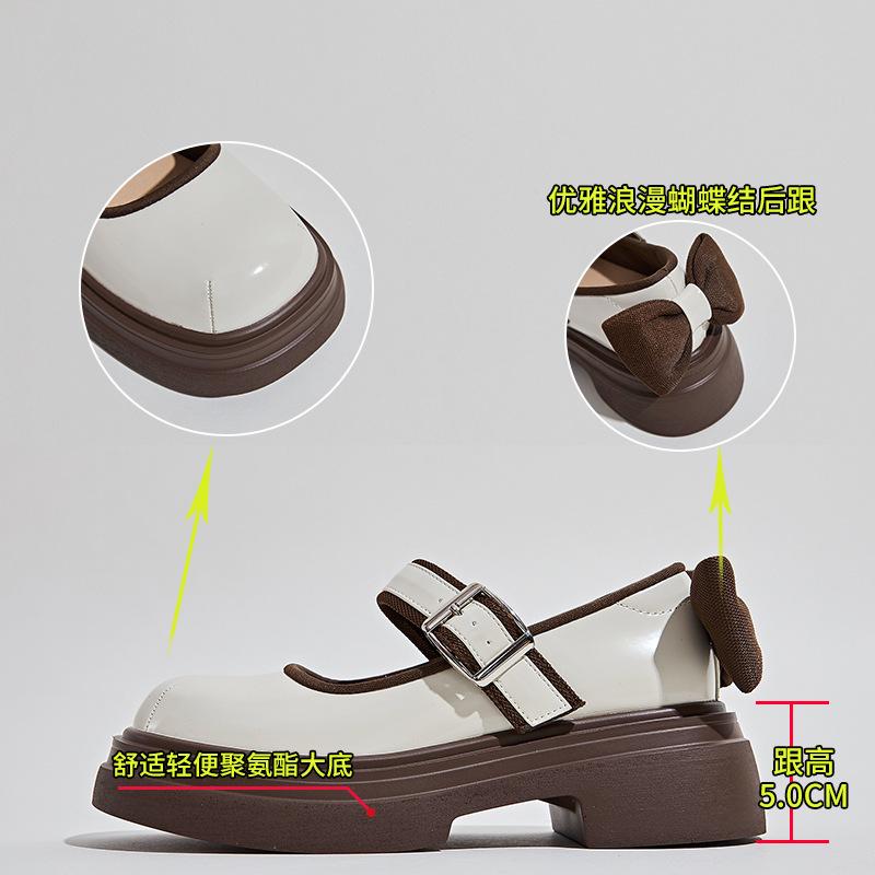 Bow Mary Jane shoes women's 2025 spring new thick heel shallow mouth small fragrant single shoes women's round head buckle women's shoes