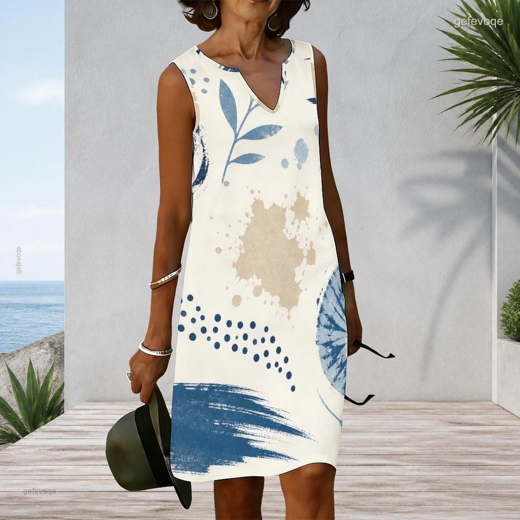 Women Plus Size Sleeveless V Neck Tank Dress Colorful Abstract Stripe Print Casual Dress