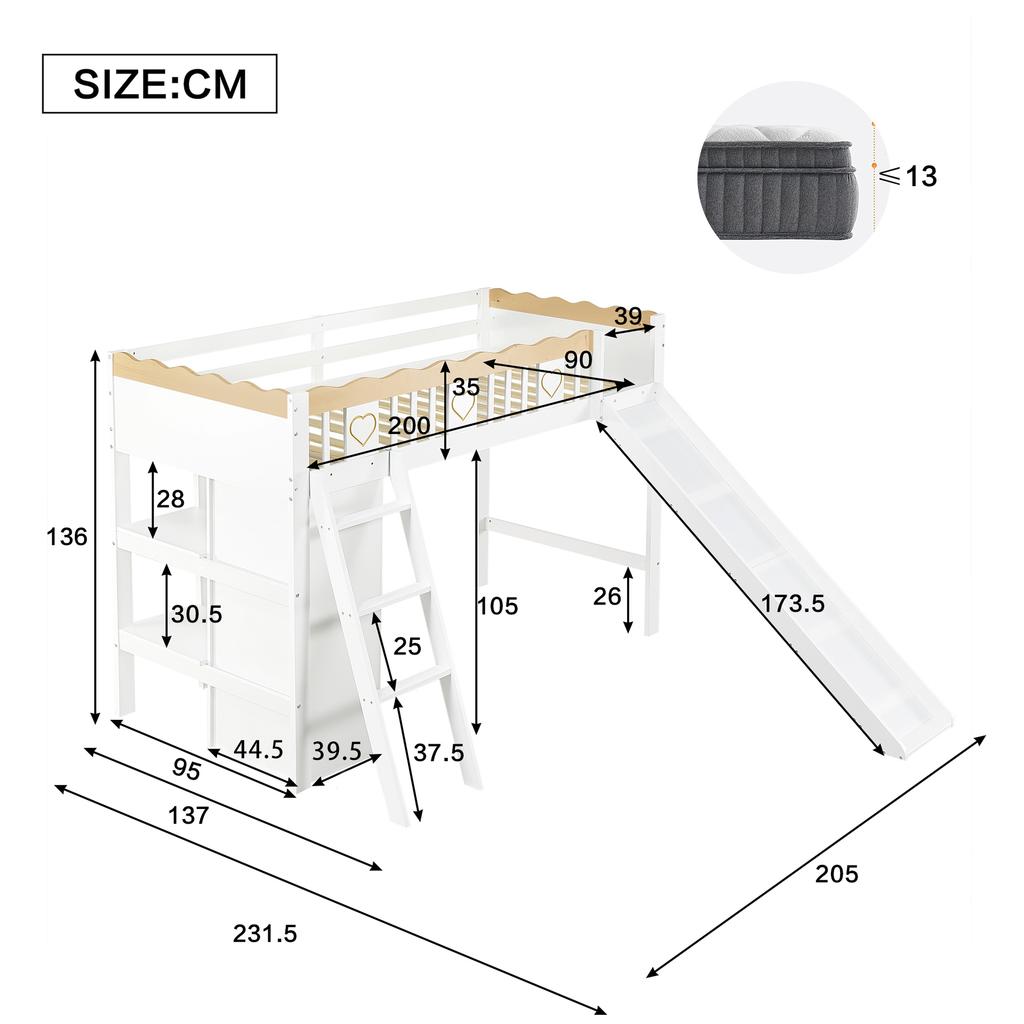 Loft Bed, With Children's Slide, Wardrobe and Storage Cabinet Under the Bed, Four-Sided Fence Pine + MDF + Plywood, White+Natural, 90x200cm
