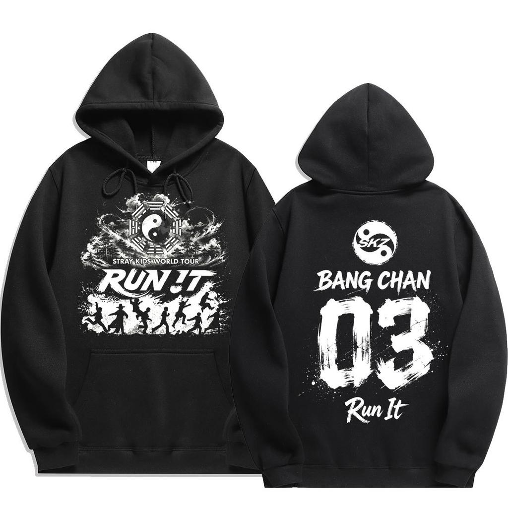 Casual Threaded Hoodie Stray Kids World Tour Run It Print Long Sleeve Loose Hooded Sweatshirt For Fans