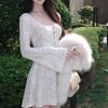 French Lace Hollow Long Sleeve Dress For Ladies Autumn Winter Chic Aline Short Skirt