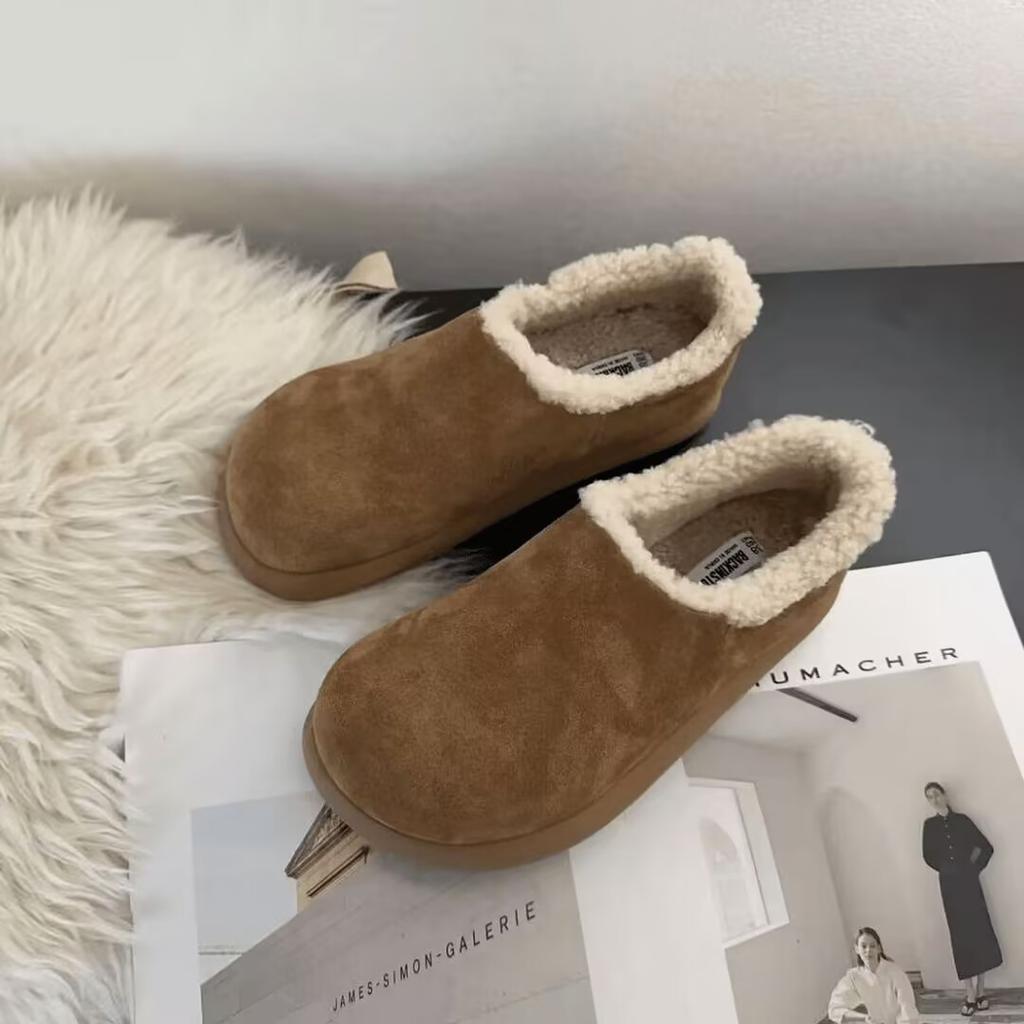 Version cuir de vache 2025 hiver nouveau bout rond rétro semelle épaisse décontracté polyvalent velours épaissi chaud chaussons en coton pour femmes