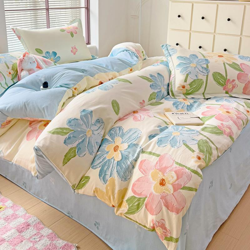 Vierteiliges Set aus Bettwäsche aus reiner Baumwolle, Bettbezug, Bettwäsche, dreiteiliges Bettlaken-Set für den Schlafsaal