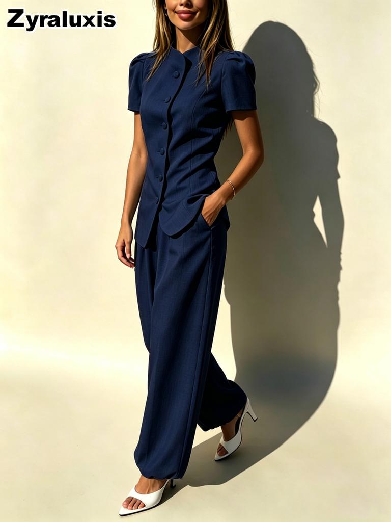New Fashion Elegant Design Jacket Top High Waist Casual Long Pants Women's Set