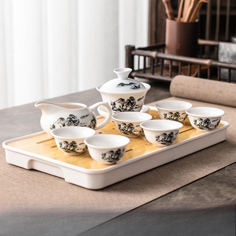 Kung Fu Tea Set Home Simple Living Room Set of Ceramic Covered Bowl Tea Cup Tray Water Storage Tea Tray Diamine Plate