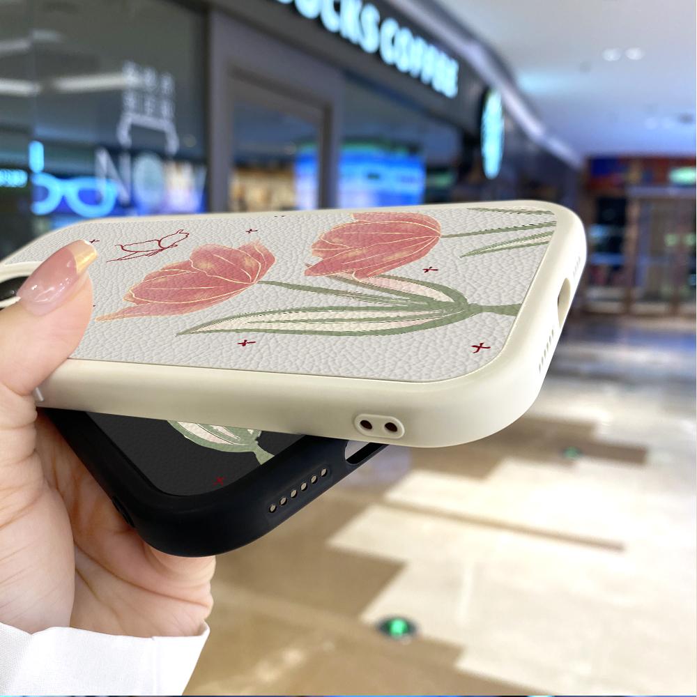 Slim Skin Feeling Cartoon Flowers Tulipany Miękkie silikonowe etui ze skóry PU na telefon Samsung Xiaomi Poco Redmi