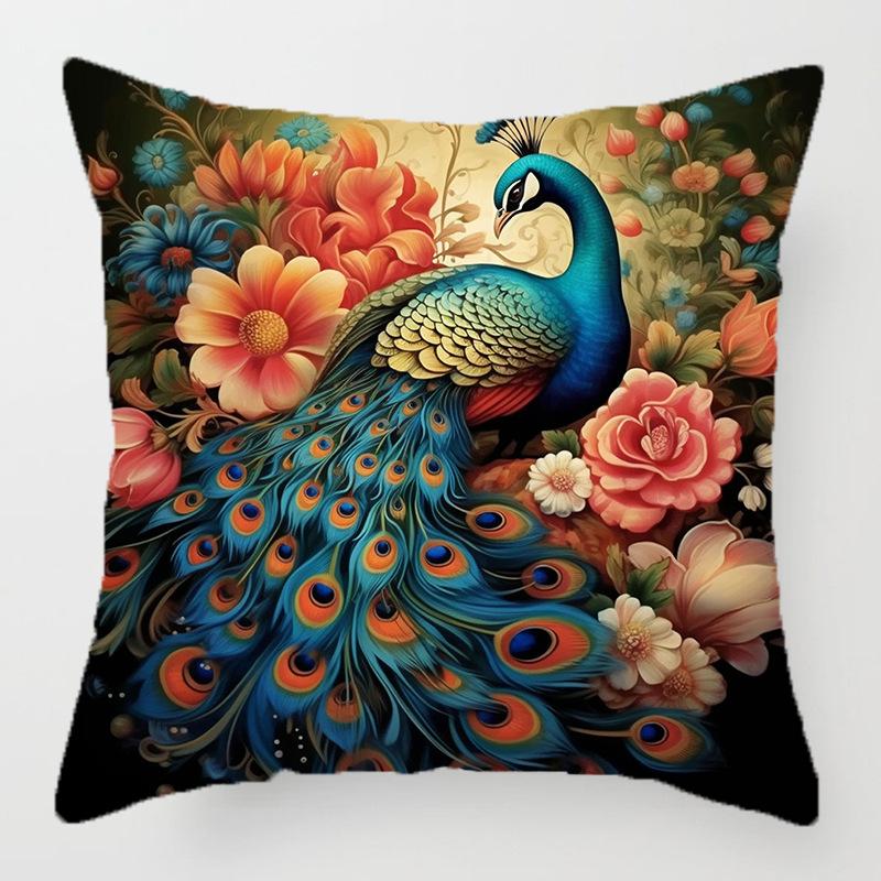 Retro Pfauenblumenmuster Kissenbezug für Wurfkissen mit Kurzplüschdruck Wohnzimmer Sofa Dekoration Kissenbezüge