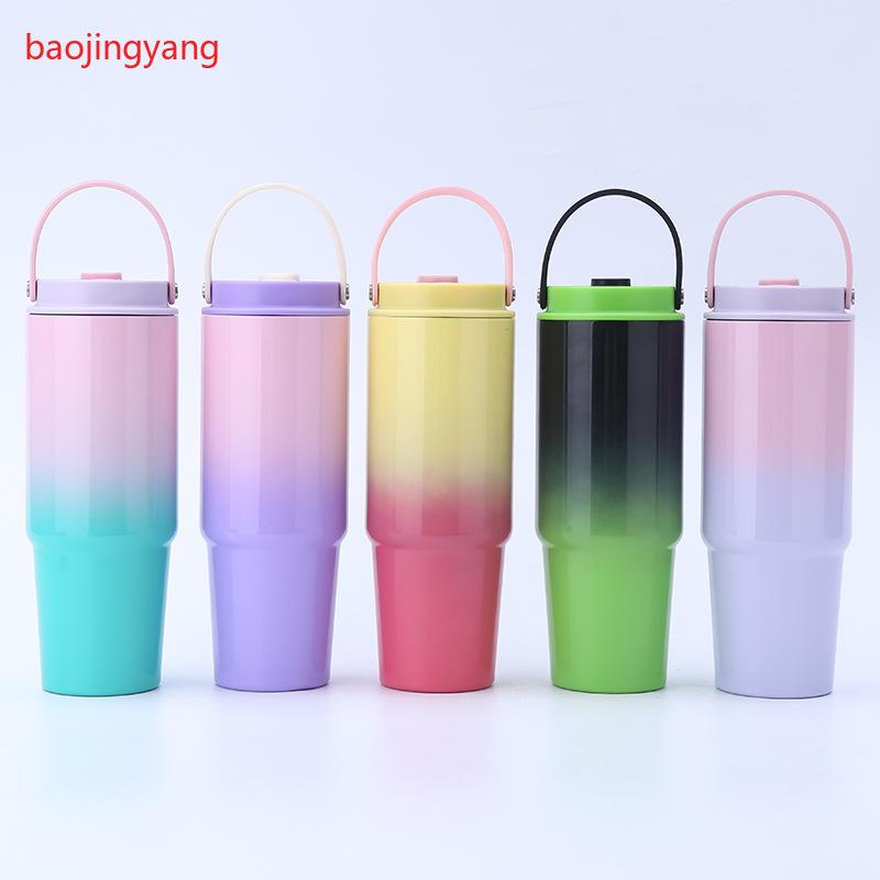 30oz Gradient Color Insulated Tumbler, 304 Stainless Steel Vacuum Cup, Portable Travel Mug with Handle