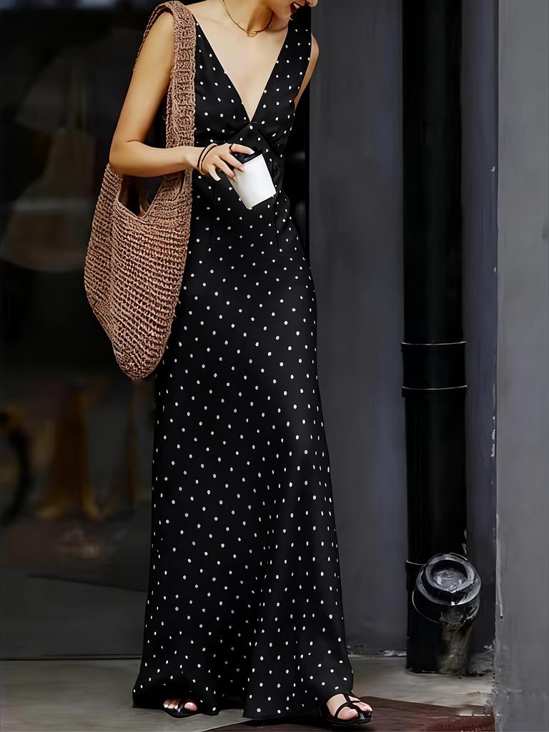 Women Sleeveless V Neck Polka Dot Print Maxi Dress Solid Color Casual Beach Dress