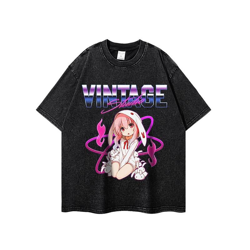 Unisex Vintage Streetwear Cotton Tee With Graphic Print Loose Fit Heavyweight Washed T-Shirt
