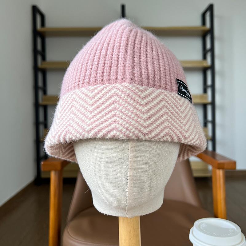 Big head circumference knitted bucket hat women's autumn and winter warm color matching versatile plain bucket hat fashionable color wool hat men