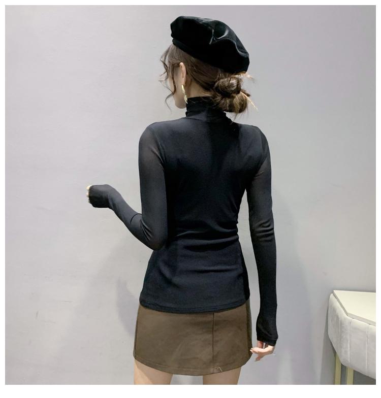 European High Neck Mesh Long Sleeve Top - Women's Slim Fit Autumn Shirt