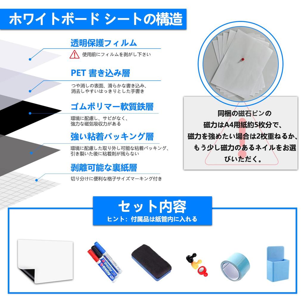 Putenahoto Magnetische und Klebende Whiteboard-Folien, Mehrere Größenoptionen, Deluxe-Set, 100x150cm (Qualifizierte Rechnungen verfügbar)