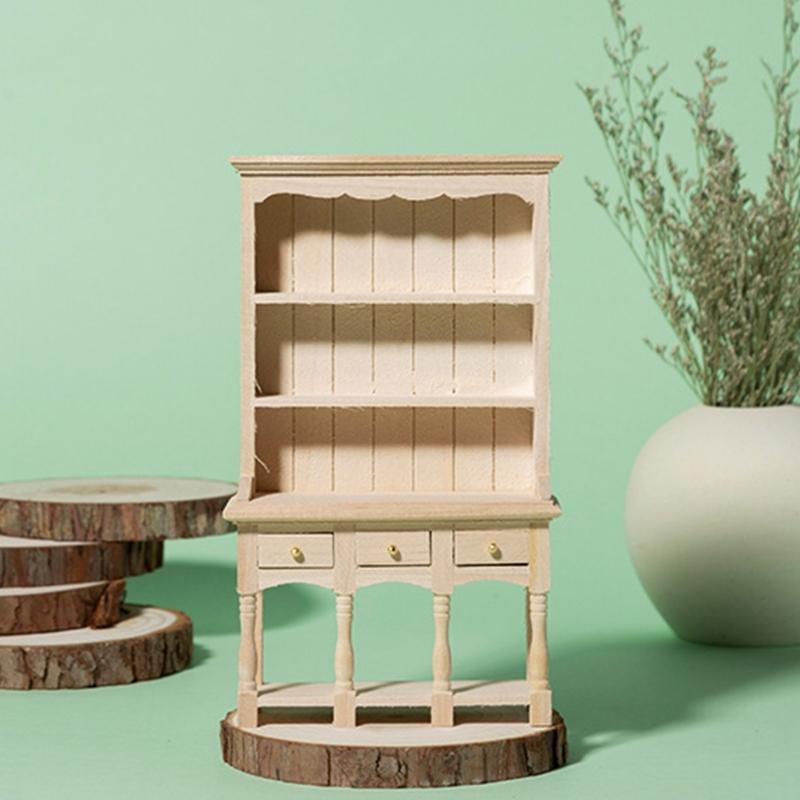 Wood Miniature Cabinet for 1/12 Scale Doll House Accessories Unpainted Organization Bookcase for Scene Display Decoration