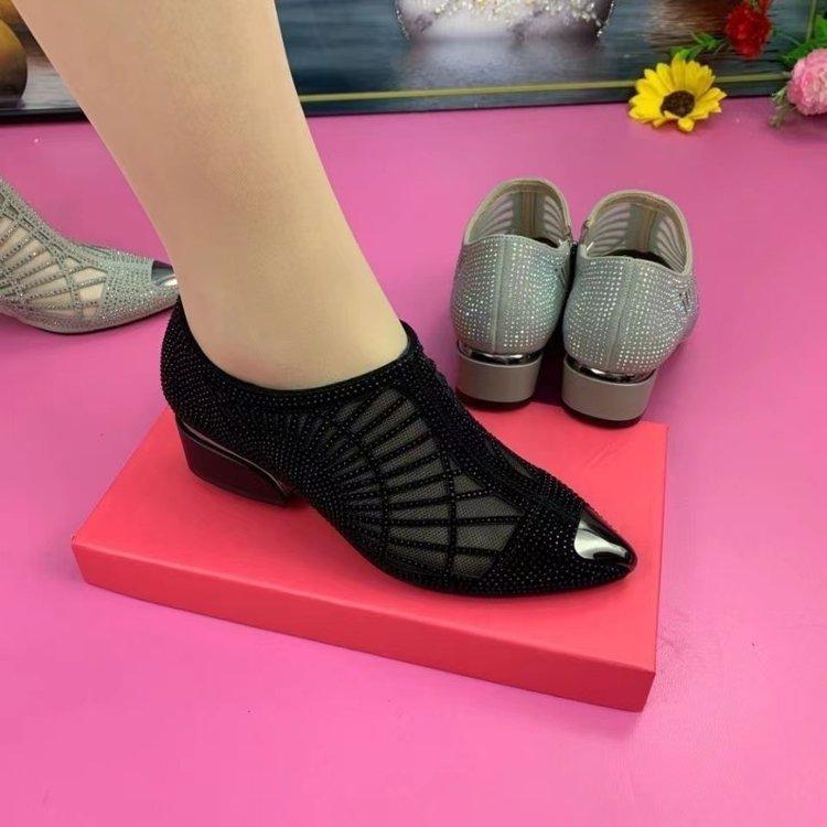 Fashion hot diamond mesh shoes summer pointed thick heel hollow zipper rhinestone women's sandals comfortable breathable low heel shoes women