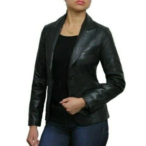 Women New Blazer Black Two-Button Genuine Stylish Casual Handmade Leather Lambskin