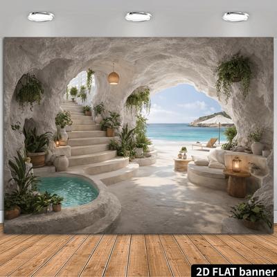2D Plane White Cave Sea View Leisure Area Background Fabric with an Extended Effect Designed To Resemble a Natural Cave.