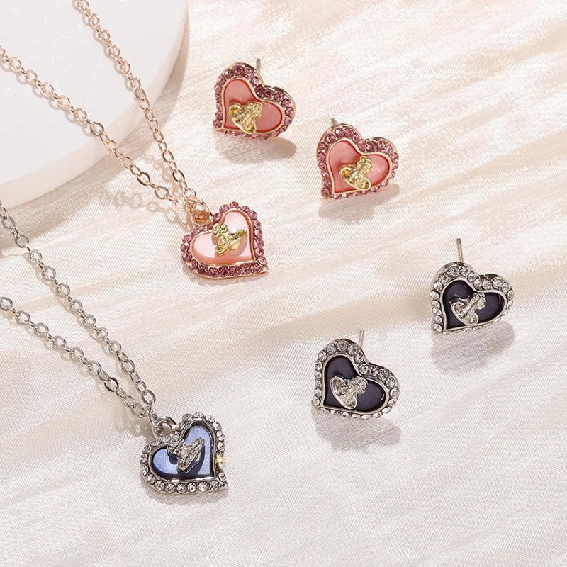 Empress Dowager NANA's Saturn Heart Mother-of-Pearl Necklace & Sweet Heart Stud Earrings Set