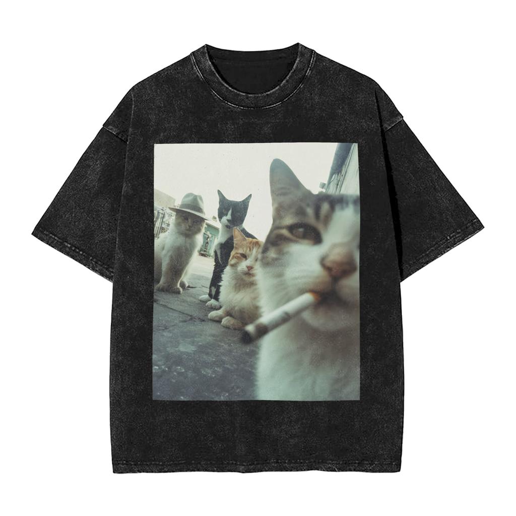 Smoking Cat Funny Washed T Shirts Streetwear Hip Hop Fashion T-Shirts Tees Tops Wo 100% Cotton Oversize Graphic Printed
