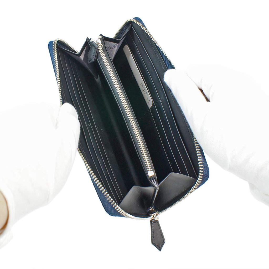 [Inden-ya] Inden Geldbörse, Lange Geldbörse, Y-Form, Rundum-Reißverschluss, Hirschleder, Marineblau mit schwarzem Lack, Kleinkariertes Muster, 2111-04-167