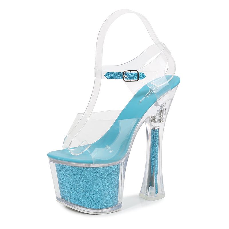 

Супервысокие каблуки в стиле модели автомобиля ночного клуба - Водонепроницаемые босоножки на толстом каблуке и платформе с прозрачным кристальным дизайном 43 синий