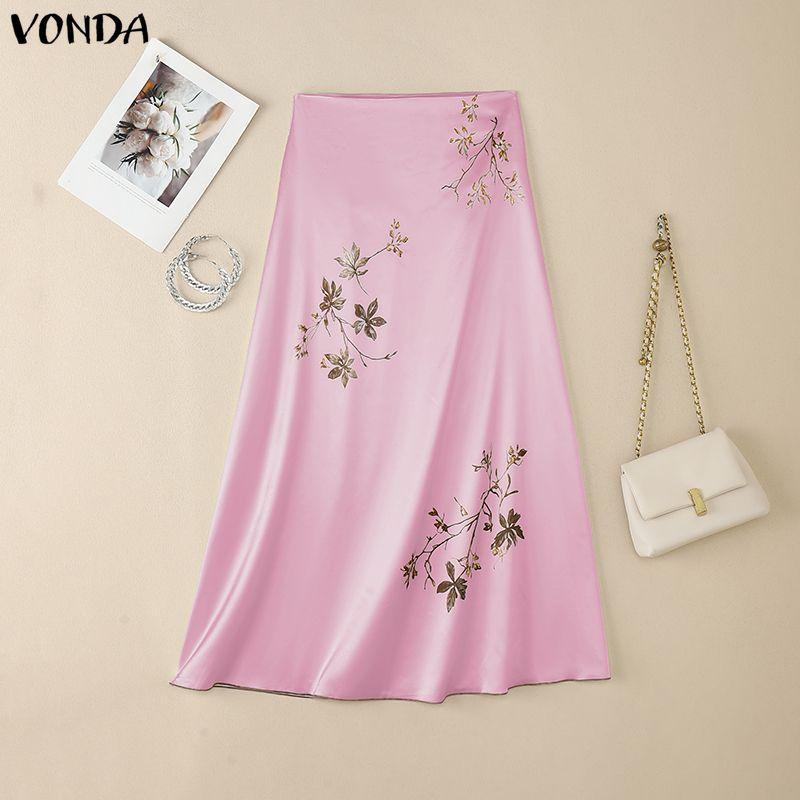 VONDA Women Casual Zip-up Print Satin Smooth Thin Maxi Skirts