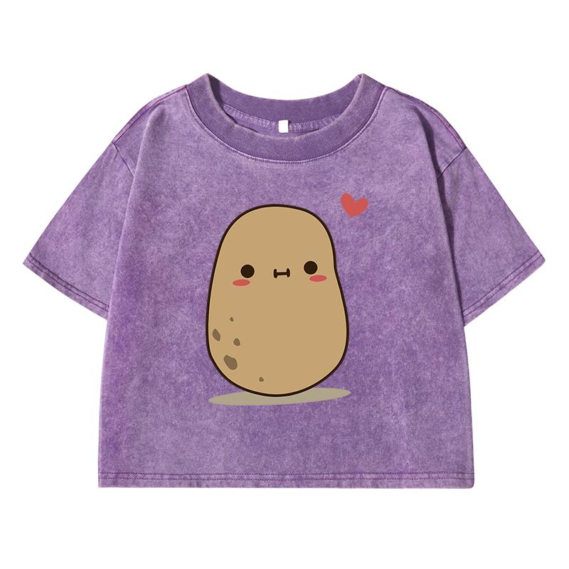 Cute Little Potatoes Printing Female Washed Short T Shirt Summer Casual Tshirt Street Clothes Fashion Loose Distress Tee