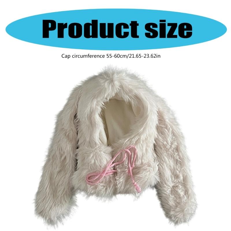 Furry Plush Hooded Hat Adult Lovely Balaclava Hat with Long Rabbits Ear 2000s Teens Girl Winter Warm Scarf Hat Daily Use