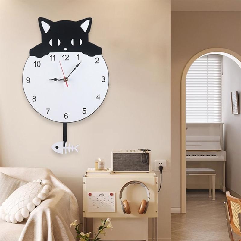 Quiet Movement Acrylic Pendulum Wall Clock with Funny Cats Fish Design Arabic Numerals for Living Room Bedroom Decors