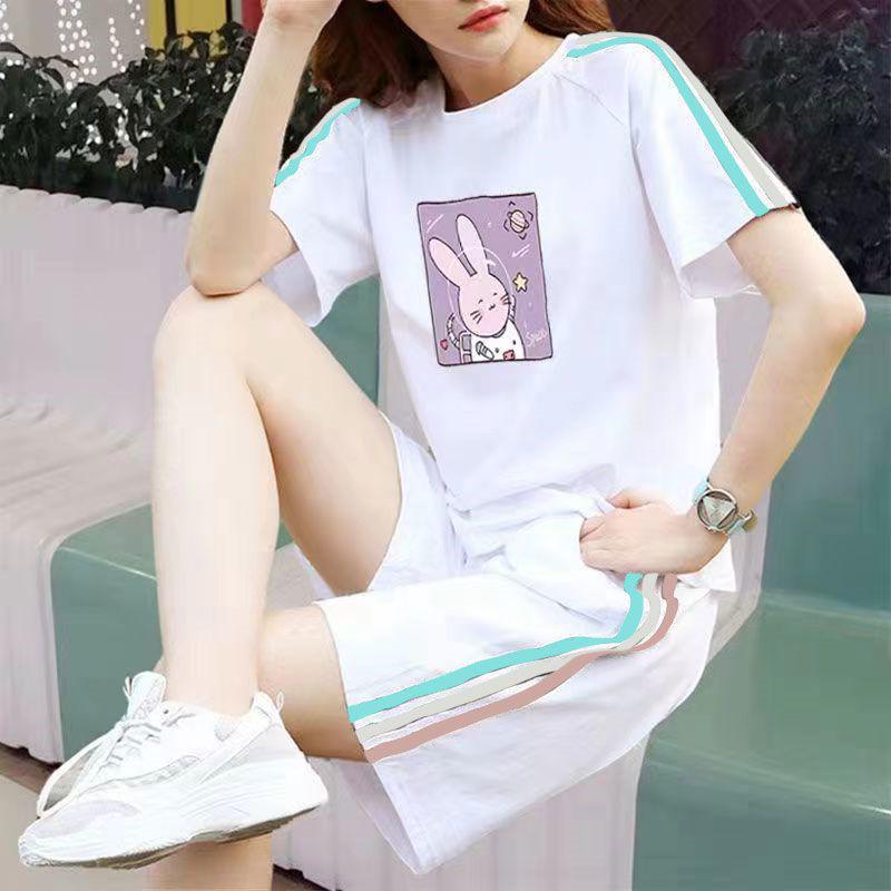 Women's Korean-Style Summer White Loose Plus Size Short Sleeve T-Shirt & Shorts Set